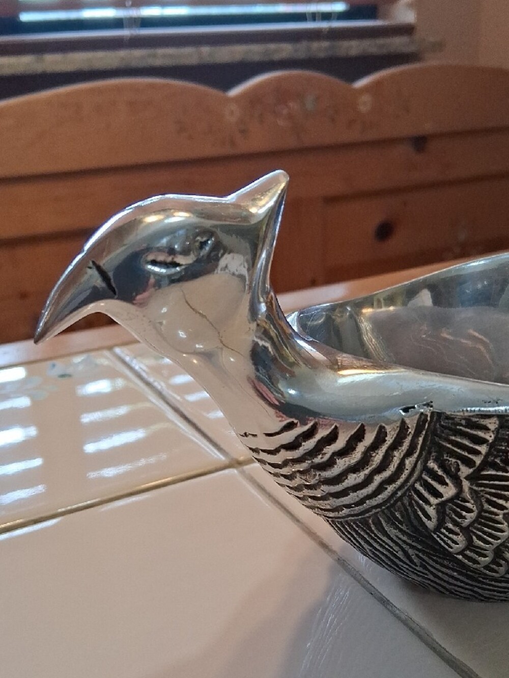 RARE FIND Pottery Barn Silvertone Pewter Pheasant Sauce Bowl With Tail Ladle. - Picture 6 of 16